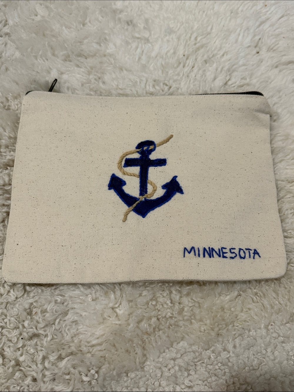 New Handmade Cotton Anchor Minnesota Pouch in Cream with Blue Embroidery